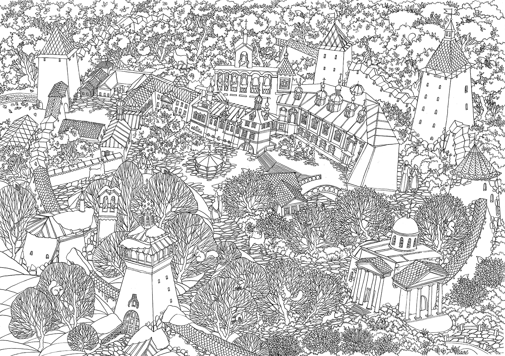 Детская раскраска с изображением Псково-Печерского монастыря. Автор: . Издательство "Вольный Странник"